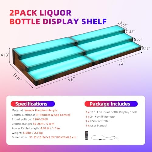 2-Pack 16‘’ LED Lighted Liquor Display, 3-Tier 32Inch Total Bar Shelves for Liquor Bottle, Illuminated Home Bar Shelf with RF & App Control, 7 Colors, Music Sync& 1-4H Timming, Light-Up Whiskey Rack