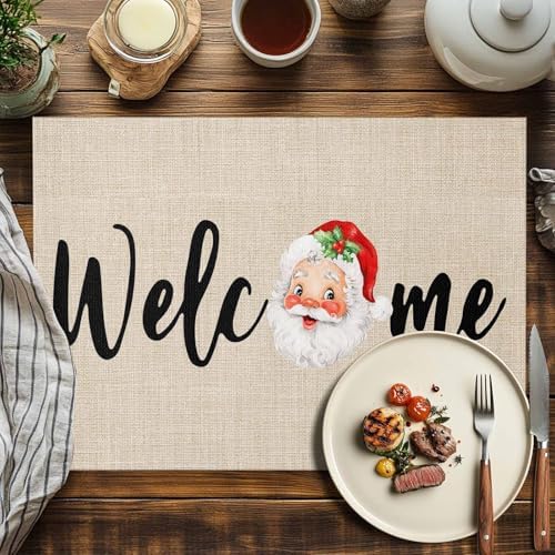 Christmas Welcome Placemats Set of 6, Santa Heat Resistant Washable Table Place Mats Farmhouse Rustic Xmas Cotton Table Linens Party Holiday Decor for Kitchen Dining Outdoor Indoor