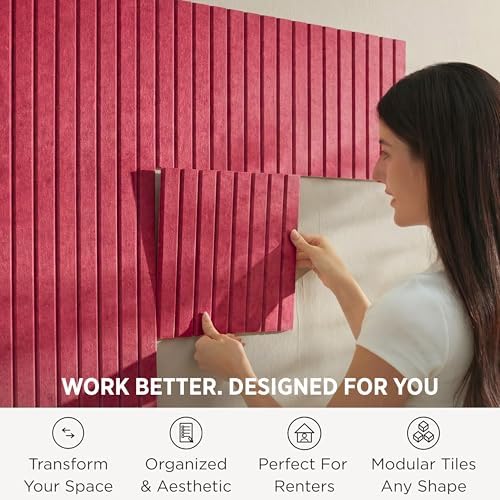 VIVELDA Felt Bulletin Board Tiles 48"x36" - 12-Pack Cork Board Alternative, Oeko-TEX Certified, NRC 0.95 Acoustic Wall Panels, Damage-Free Adhesive, Slatted Design, Home Office & Classroom (Burgundy)