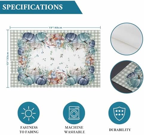 Fall Thanksgiving Placemats Set of 4, Navy Blue Pumpkins Green Eucalyptus Leaves Heat Resistant Washable Table Place Mats Sage Farmhouse Plaid Table Linens Decor for Home Kitchen Dining Outdoor Indoor