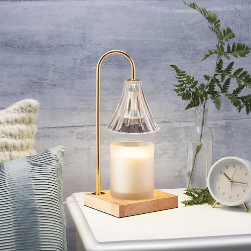 Mikasa 13.8 Inch Electric Candle Warmer with Clear Glass Shade and Dimmer - Flameless Wax Melter Lamp with Halogen Bulb, Wooden Base, Gold Accents for Home Decor and Fragrance