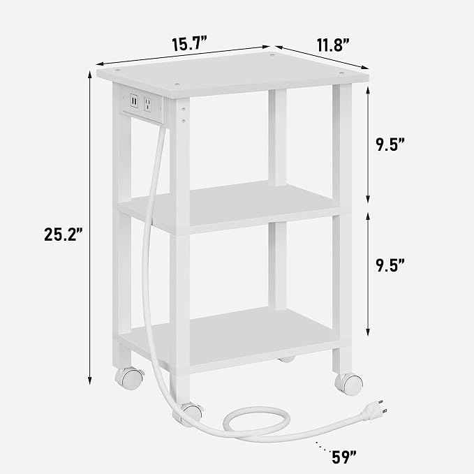 TUTOTAK Printer Stand, 3 Tier Rolling Printer Cart with Charging Station | Small Under Desk Printer Table with Wheels for Small Space, Office, Home, White PS02BW001