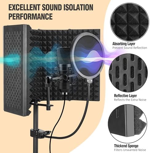 Microphone Isolation Shield, Foam Protection with Pop Filter, Tripod Stand, Foldable Design