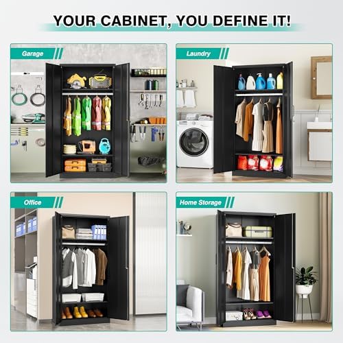 Metal Wardrobe Cabinet with Hanging Rod & Lock,Black Armoire Wardrobe Closet,Metal Clothing Storage Cabinet with Adjustable Shelves and Doors,72" Amroire Storage Cabinets for Home,Living/Laundry Room