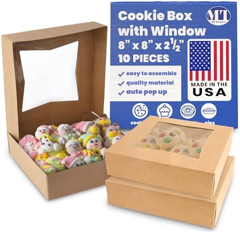 MT Products Kraft Cookie Boxes 8" x 8" x 2.5" - Bakery Boxes with Window (Pack of 10) - Made in USA