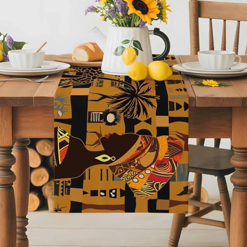 Black African Female Table Runner Dresser Scarf 13 x 72 Inch Elephant Giraffe Ethnic Wind Brown Black Table Runners Non-Slip Heat Resistant Kitchen Dining Table Decor for Home Holidays Indoor Outdoor