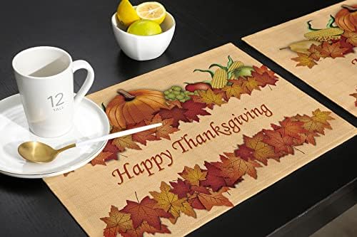Vandarllin Thanksgiving Holiday Placemats Set of 6, Fall Harvest Pumpkins Cotton Linen Stain Resistant Table Mats Washable Placemat Decoration for Kitchen Dining Table,Autumn