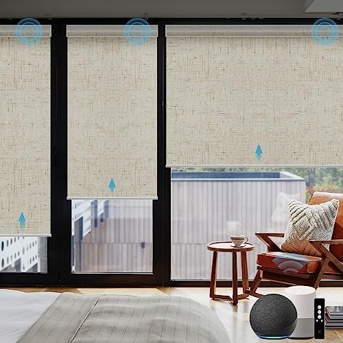 SmartWings Motorized Smart Roller Shades, 100% Blackout Linen Stone