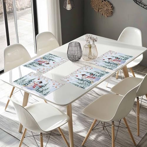 Snowman Placemat 1PC, Blue Merry Christmas Tree Red Balls Squirrel Heat Resistant Washable Table Place Mats Winter Cotton Table Linens Party Holiday Decor for Kitchen Dining Outdoor Indoor