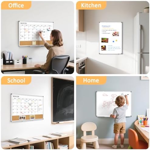 Monthly Dry Erase Calendar Whiteboard with Cork Board, 24" x 18", Silver