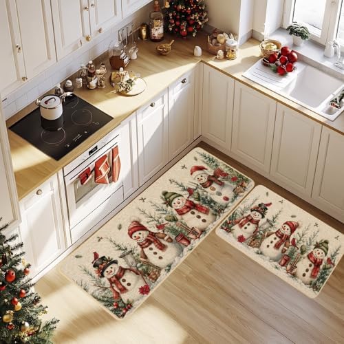 Baccessor Christmas Kitchen Rugs Set of 2 Red Snowman 17x29 and 17x47 Inch