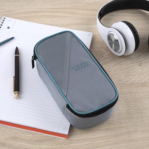 Five Star Pencil Pouch Zipper High-Capacity Storage Organizer Case for Office Supplies Earbuds Chargers Cables Makeup, Grey/Teal (500212B)