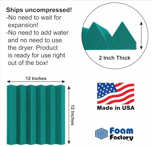 Foam Factory Inc 24 Pack Color Acoustic Foam Panel Studio Soundproofing Wedge Wall Tiles 12” X 12” X 2” (Teal)