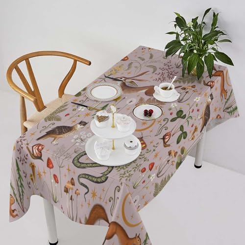 Rustic Forest Tablecloth, Pink Woodland Wild Animal Hare Squirrel Owl Snail Flowers Mushroom Table Cloth for Home Kitchen Dining Outdoor Patio Wedding Decor 60x110in