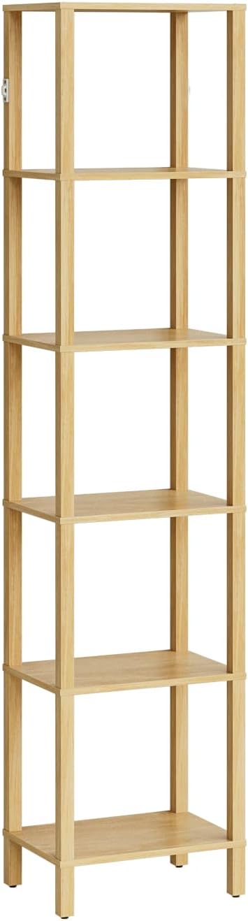 Open Book Shelf, 6 Tier Tall Bookshelf, Freestanding Shelf Narrow Bookcase with Open Shelves, 14.57" x 10.63" x 65.83", Book Shelves for Living Room, Office, Study, Oak