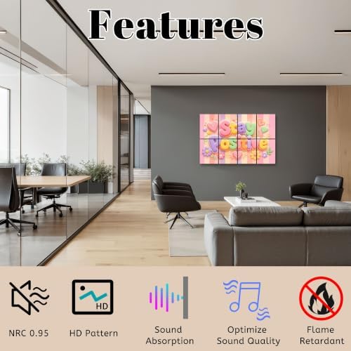 8 Pack Art Acoustic Panels Sound Absorbing Stay Positive Pastel Typography Hearts Flowers Striped Decorative Soundproof Wall Panels Self Adhesive for Home Recording Studios 48"x32"
