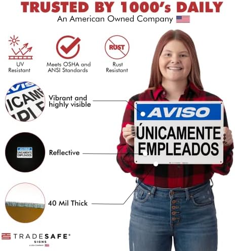 TRADESAFE Employees Only Sign - Aviso Únicamente Empleados Spanish, Quick Install Aluminum Safety Sign, Light Reflective, UV-Resistant, Waterproof, 14” X 10” Employee Only Signs in Spanish
