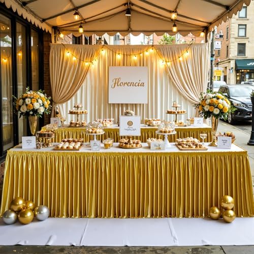 Wish Care 14ft Gold Satin Table Skirt for Rectangle Tables Wrinkle Free Teacher Desk Skirt Glitter Ruffle Table Skirting Cloth for Office Birthday Graduation Cocktail Party Buffet Table Decorations