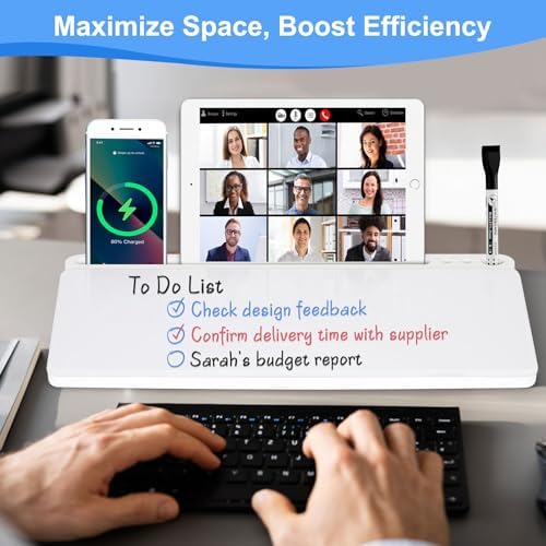 Desktop Glass Whiteboard with Storage, Desk Dry Erase White Board Stand