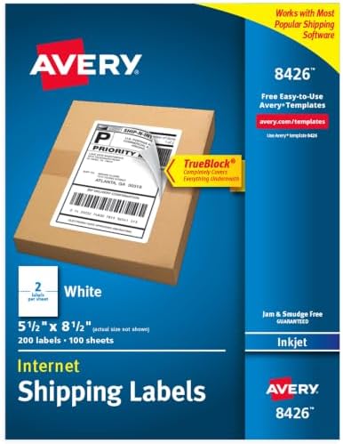 Avery® Printable Shipping Labels, 5.5" x 8.5" Customizable Stickers, White, 200 Blank Mailing Labels, Great for Mailing, Shipping, Organizing, and More (8426)
