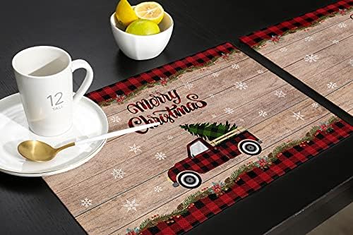Christmas Tree Farmhouse Placemats Set of 4, Red Buffalo Plaid Truck Cotton Line Stain Resistant Table Mats Washable Holidays Merry Xmas Placemat Decoration For Kitchen Dining Table Merry Xmas