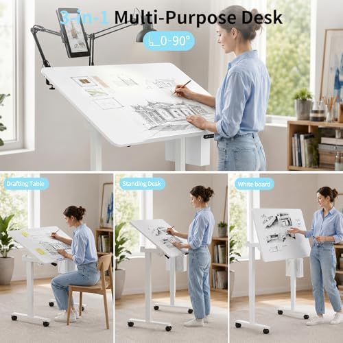 3-in-1 Standing Drafting Desk with 90° Tilt Whiteboard, 35×24"