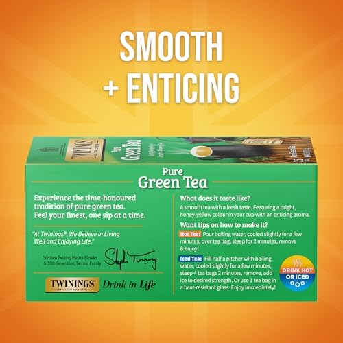 Twinings Pure Green Tea, Caffeinated, Tea Bags, 25 CT Box (6 Pack)