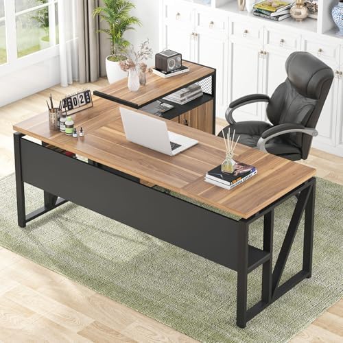 Tribesigns 63" Executive with Drawer Cabinet, L Shaped Desk and Lock lateral File Cabinet, 2 Piece Home Office Furniture Set with Drawers for Hanging File, (Brown, 63 inches)