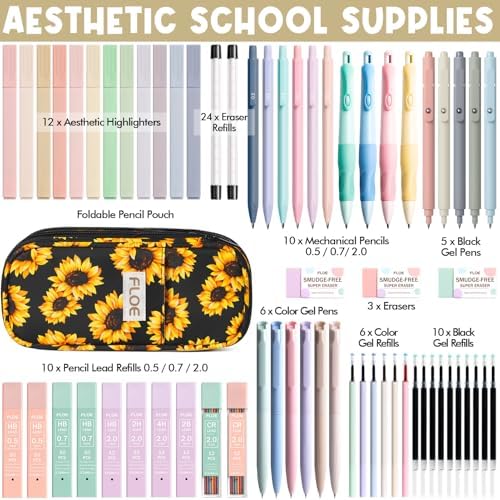 65PCS Aesthetic School Supplies Back to School Supplies Cute Stationary Set | College Essentials Kit with Pencil Case, Pastel Highlighters Gel Pens Mechanical Pencil Set 0.5 0.7 & 2.0mm for Student Girls