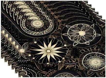 Batmerry Circular Patterns Floral Designs Placemats, Black and Gold Decorative Patterns Washable Linen Table Mats for Kitchen Table Double Insulation Decor Dining Set Indoor Outdoor 12X18 in Set of 6
