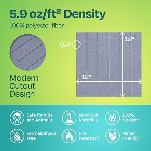 Acoustic Panels 12-Pack Soundproof Wall Panels 12"x12"x0.4" Decorative Sound Dampening for Your Home, Office, Studio, Bedroom & More with Unique LineWave Carving [Dusky Gray]
