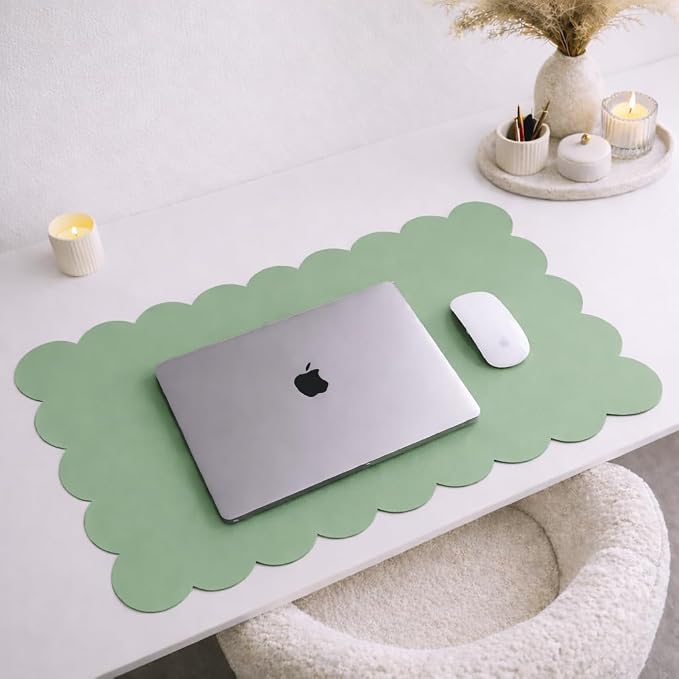 Orelle Scalloped Desk Mat | Vegan Leather Desk Mat for Keyboard and Mouse, Laptop, Makeup Vanity | Computer Desk Pad Mat | Office Desk Cover Mat | Desk Blotter Mat | 30 x 15” | Green