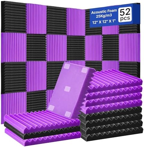 52 Pack Acoustic Foam Panels,1" x 12" x 12"Acoustic Wedge Studio Foam Sound Absorption Wall Panels (Black/Purple)