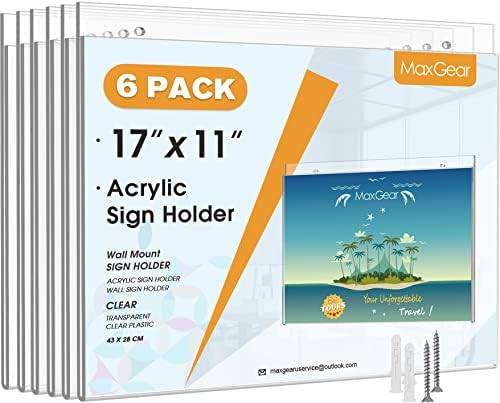 MaxGear Acrylic Wall Mount Sign Holder, 11 x 17 Landscape, 6 Pack