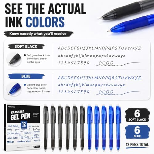 Volcanics Erasable Gel Pens, 0.7mm Fine Point, Soft Black & Blue, 12 Pack | Gel Erasable Ink Pens With Built-In Eraser, Smooth Pencil-Like Precision Writing For Rocket Book, Home, School And Office Use
