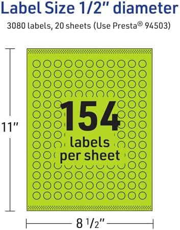 Avery Printable Round Labels, Sure Feed Technology, 1/2" Diameter, Bright Green Labels, Print-to-the-Edge, Laser/Inkjet, 3,080 Total, Great for Price Stickers and Mailing Seals