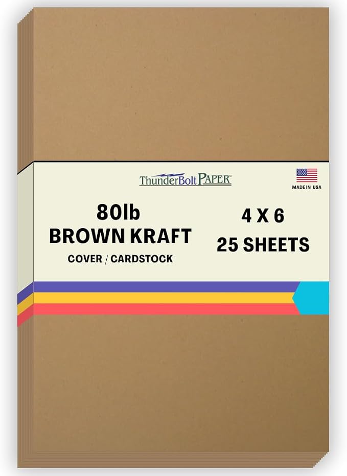 25 Brown Kraft Fiber 80# Cover Paper Sheets - 4" X 6" (4X6 Inches) Photo|Card|Frame Size - Rich Earthy Color with Natural Fibers - 80lb/Pound Cardstock - Smooth Finish