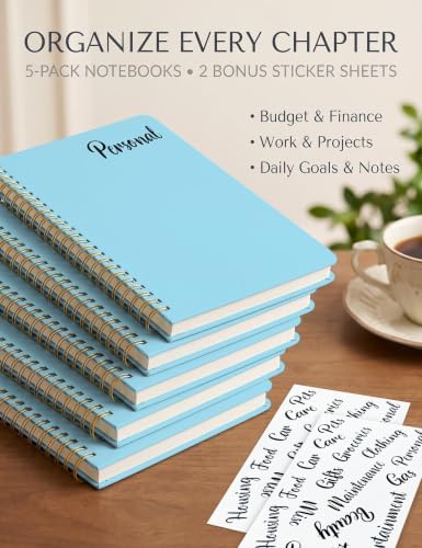 5 Pack Hardcover Spiral Notebooks, 8.3" x 6.3" Lined Journal Set, 100 GSM Bleed-Resistant Paper, 200 Pages Twin-Wire Bound Notebook with Elastic Band & Category Stickers for Office, School