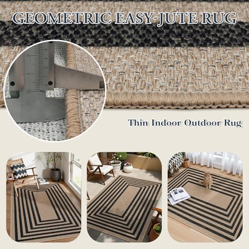 Lahome Modern Geometric Easy Jute Entryway Rug, 4x6 Black Washable Rug