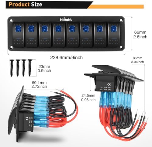 Nilight 8 Gang Rocker Switch Panel SPST On Off 5PIN Electrical Toggle Blue