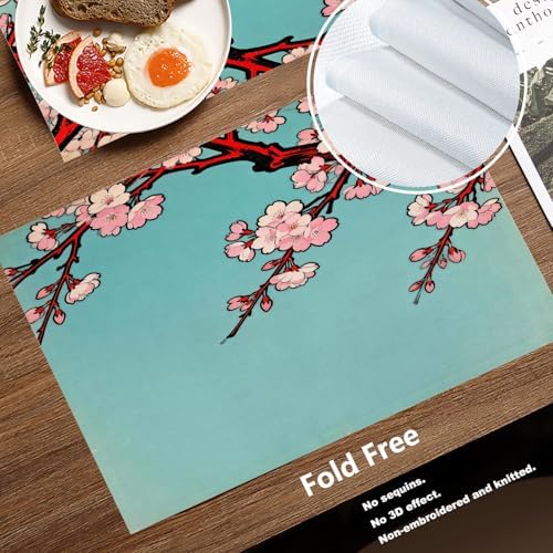 Batmerry Shabby Chic Cherry Blossom Linen Placemats Set of 8, Turquoise Vintage Washable Table Mats for Kitchen Table Thickened Heat Insulation Dining Set Indoor Outdoor 12X18 in