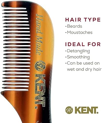 Kent A 81T X-Small Gentleman's Beard and Mustache Pocket Comb, Fine Toothed Pocket Size for Facial Hair Grooming and Styling. Saw-cut of Quality Cellulose Acetate, Hand Polished. Hand-Made in England