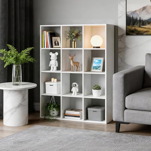 SUPER DEAL 12-Compartment Open Shelf Bookcase, 47 inch Wide Cube Storage Cabinet Wood Cubical Bookshelves Display Unit with 6 Removable Back Panels for Living Room Bedroom, White