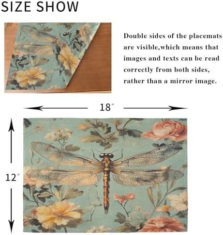 ALAZA Vintage Dragonfly Floral Set of 6 Placemats Rectangle Table Mat for Dining Table Restaurant Kitchen Home Decor, 12" x 18"