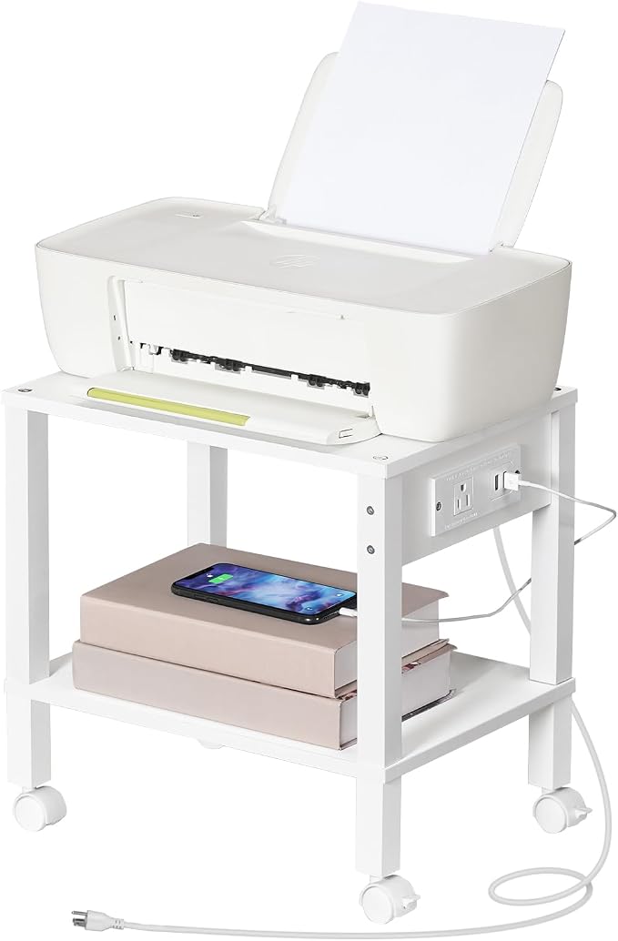 HOOBRO 2-Tier Printer Stand with Charging Station, Under Desk Printer Table, Printer Cart with Storage Shelves, Shelf for Small Spaces, for Home Office, White WT38UPS01