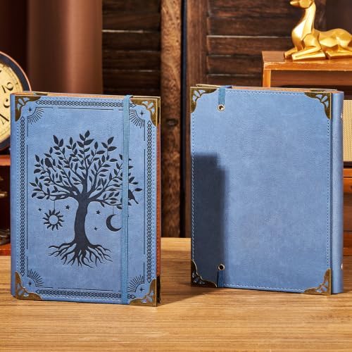 Ovesmusl PU Leather A5 Binder 6 Ring Refillable Journal Cover No Refill Paper A5 Planner Binder Loose Leaf Binder for Notebook 5.7”x8.3” with Elastic Closure, Blue Tree