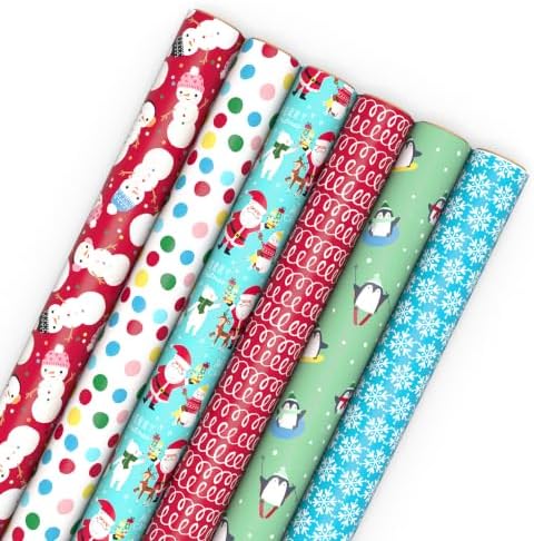Hallmark Kids Christmas Wrapping Paper Rolls with Cutlines on Reverse (6 Rolls: 180 Sq. Ft. Total) Snowman, Snowflakes, Penguins, Santa Claus