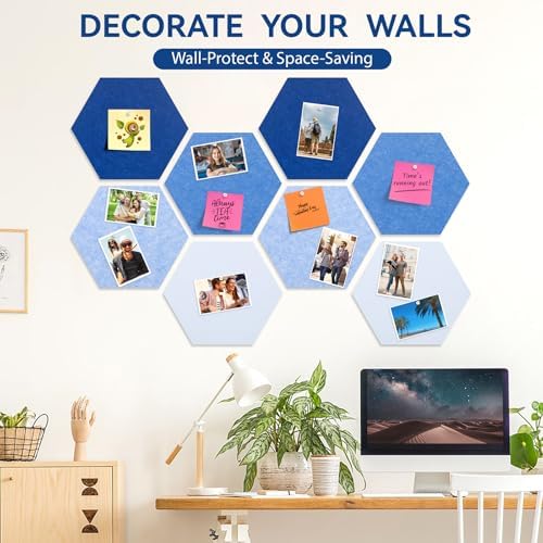 8 Pack Hexagon Felt Cork Board Tiles, 12'' Felt Bulletin Board for Walls Decor with 30 Pushpins, 50 Adhesive Tabs for Office & Home Pin Board, Notes Photos & DIY Classroom Decor (Gradual Blue)