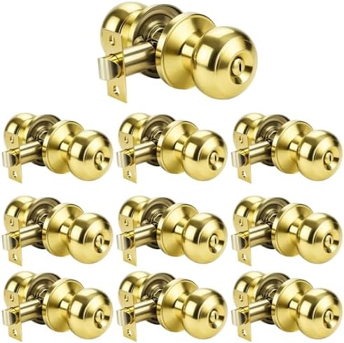 KNOBWELL 10 Pack Privacy Door Knob for Bathroom or Bedroom Door Knobs, Round Interior Door Knobs, Indoor Door Knob, Keyless Door Knob with Lock, Door Handle Lock, Polished Brass
