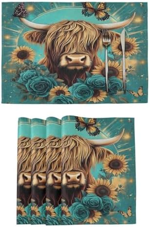 ALAZA Highland Cow Butterfly Rose 1 PC Placemats Rectangle Table Mat for Dining Table Restaurant Kitchen Home Decor, 12" x 18"